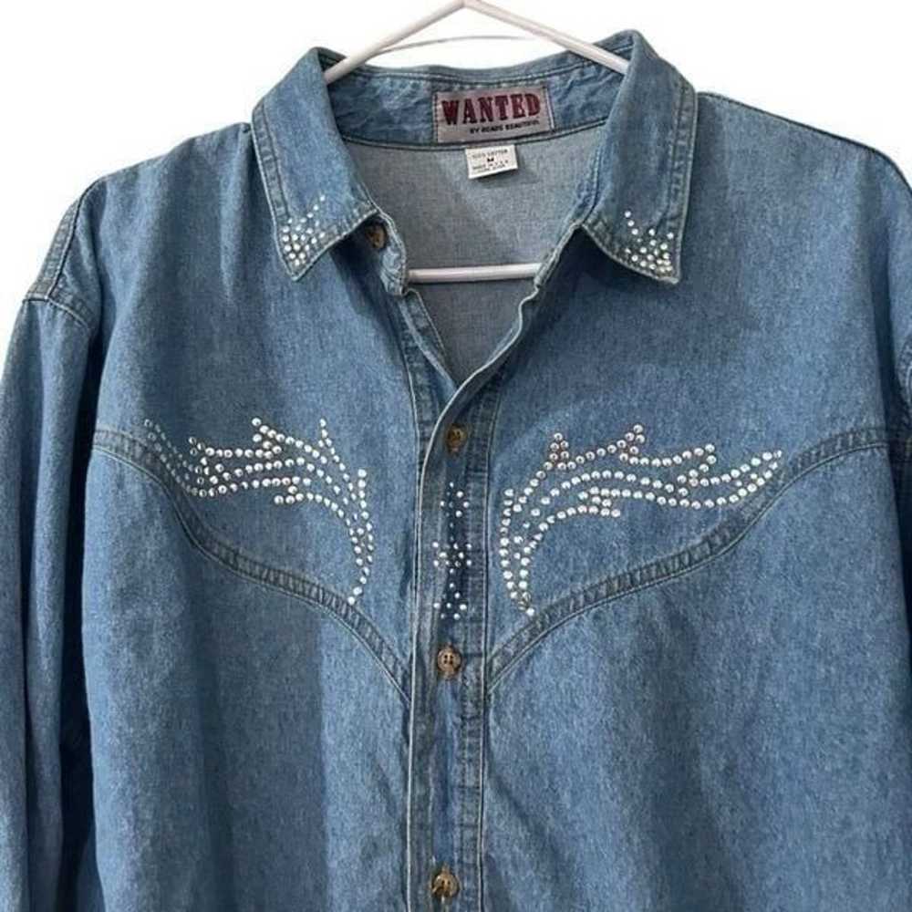 Vintage Wanted Denim Button Shirt Size M Beads Be… - image 3