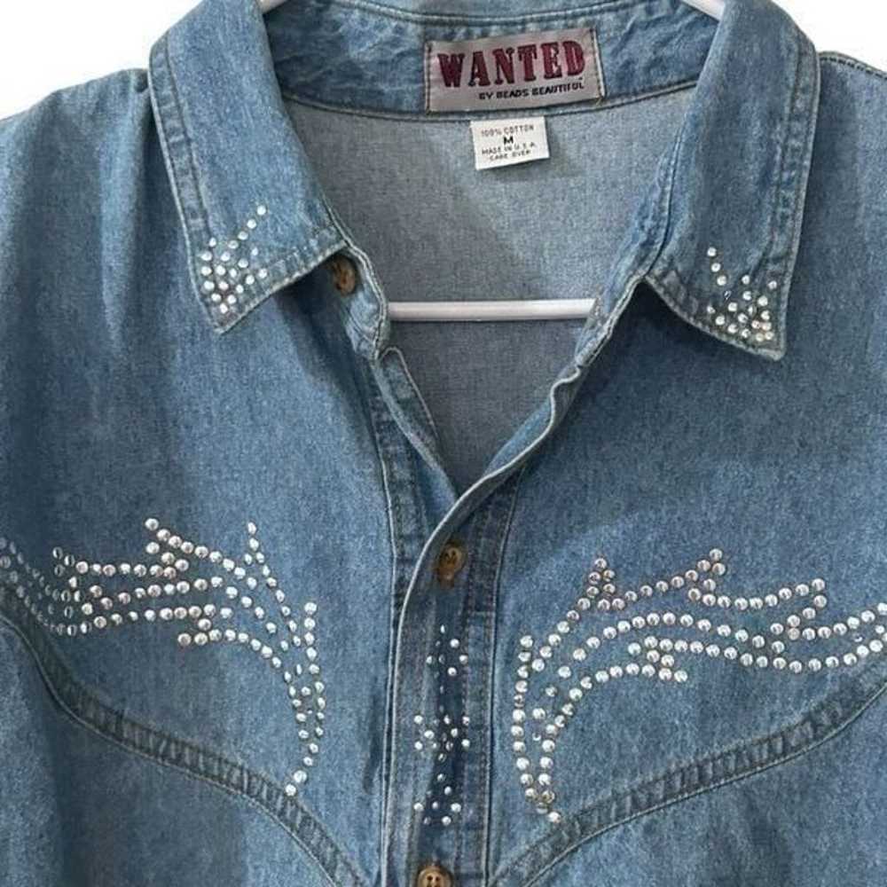 Vintage Wanted Denim Button Shirt Size M Beads Be… - image 7