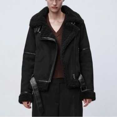 【COSYHARU】Fury Suede Jacket Black Winter suede jacket with fur under the elastic band TRZ2IB