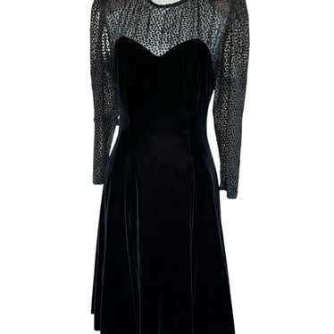 Vintage 80s Black Velvet Holiday Party Dress - Ka… - image 1