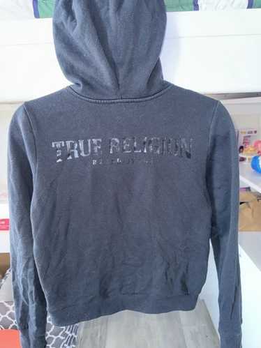 TRUE RELIGION ジップパーカー　y2k スパンコール　短丈 Revo. パーカー Y2K グランジ フェード加工 ロゴ刺繍 ハーフ
