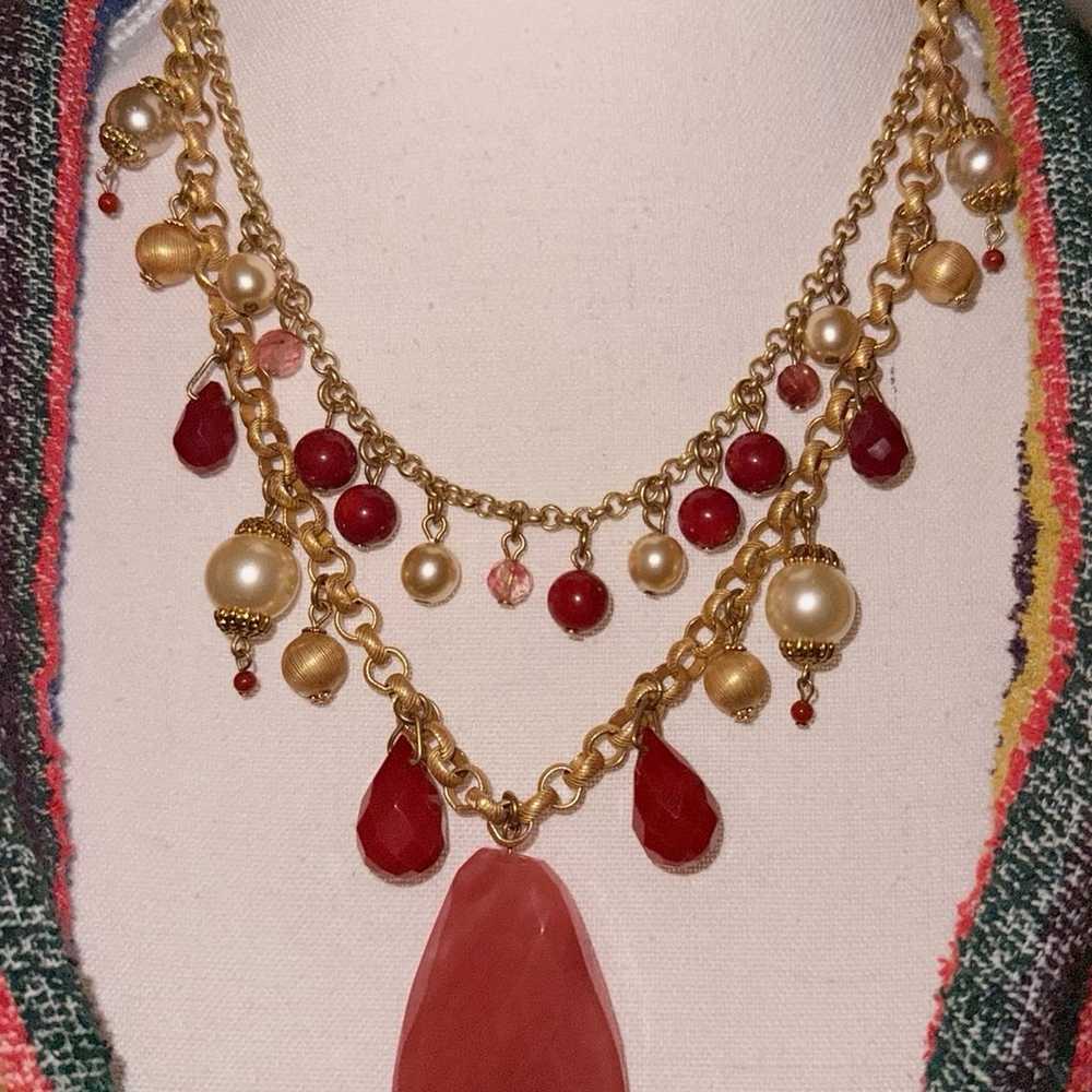 MIRIAM HASKELL Beaded Layers Necklace Red And Whi… - image 1