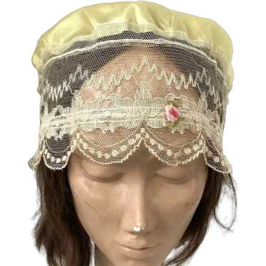 1920's Yellow Silk & Ecru Lace Boudoir / Sleep Cap