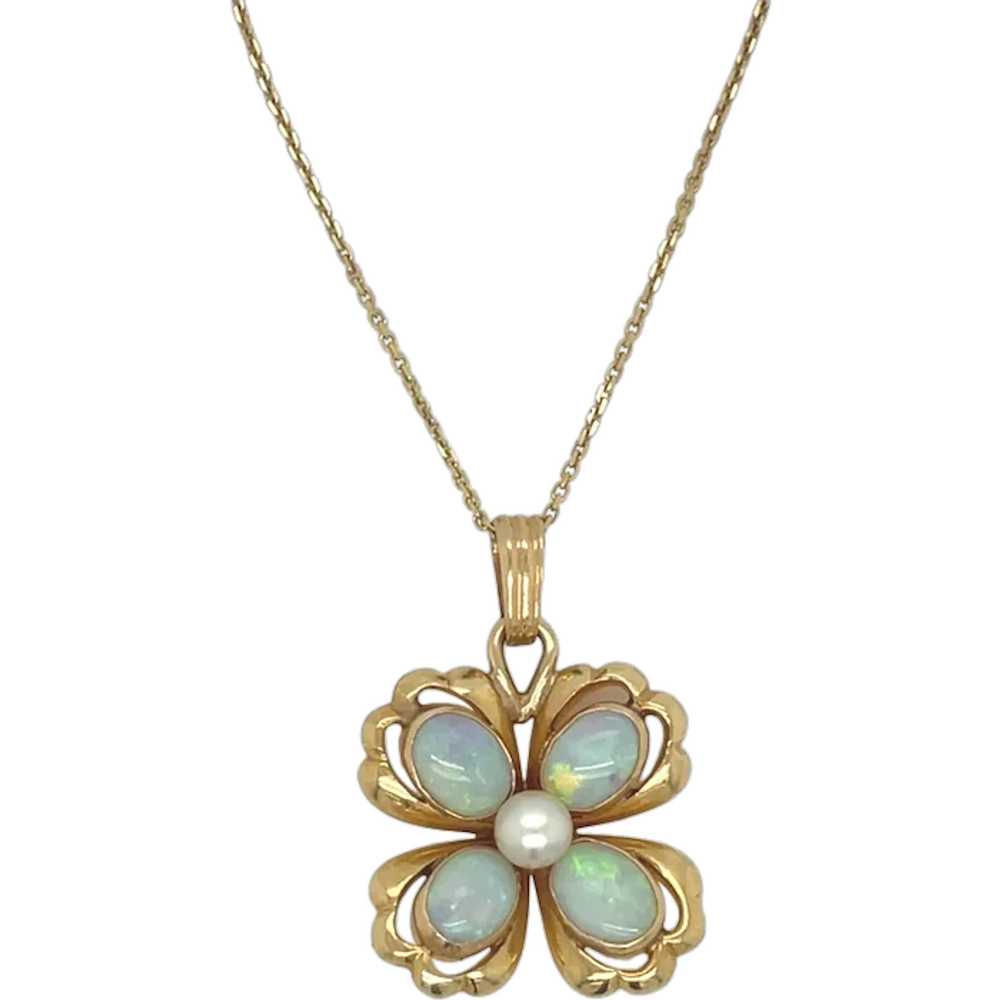 14K Yellow Gold Opal and Pearl Pendant - image 1