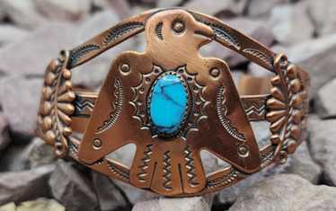 Vintage Navajo Thunderbird Cuff Bracelet Turquoise Copper