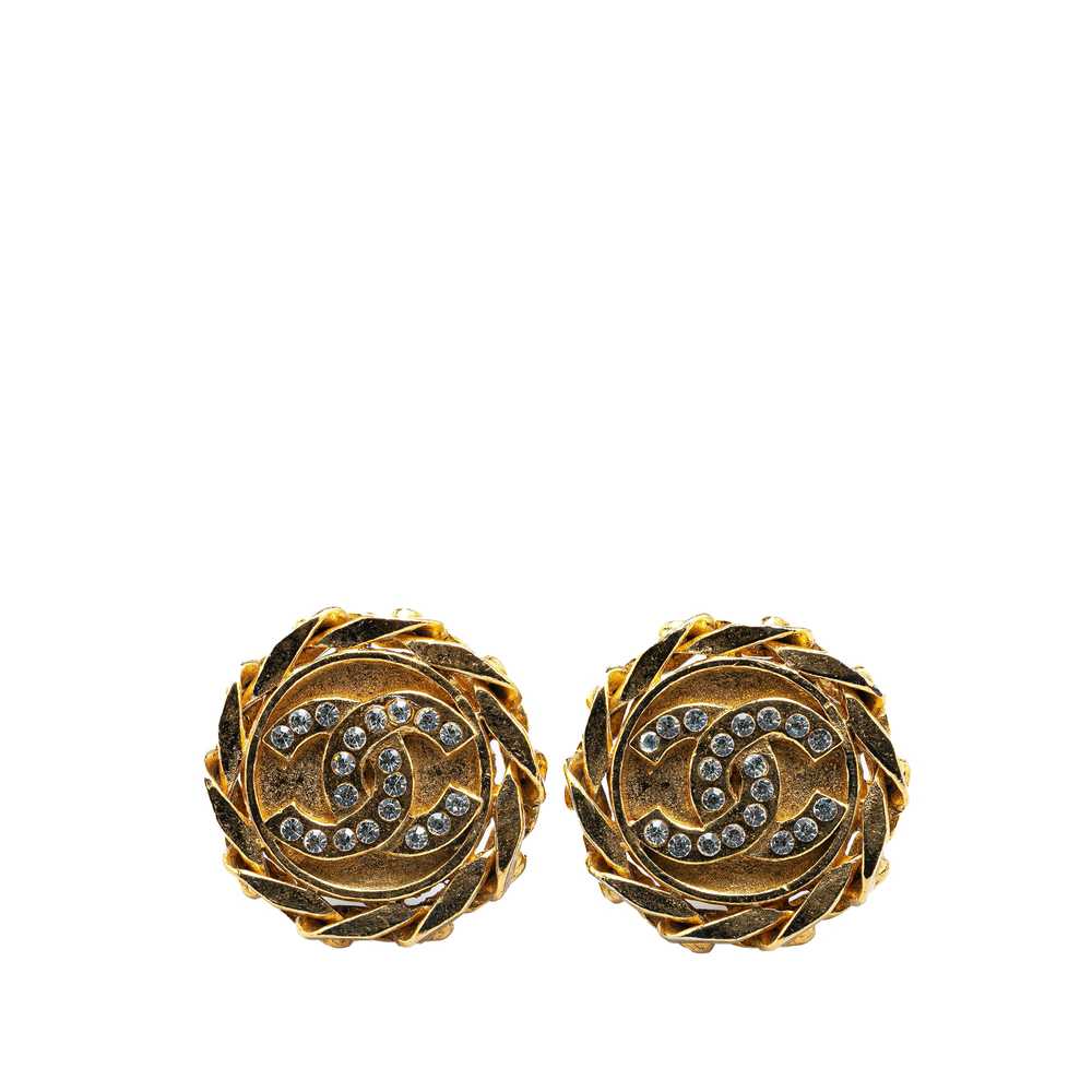 Gold Chanel Gold Plated Rhinestone CC Clip On Ear… - image 1
