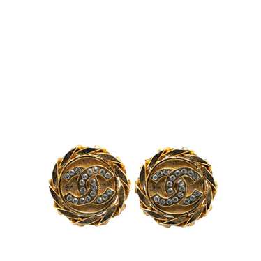 Gold Chanel Gold Plated Rhinestone CC Clip On Ear… - image 1