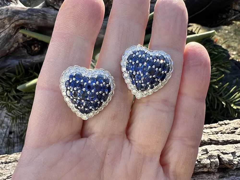 18K White Gold Sapphire and Diamond Heart Earrings - image 2
