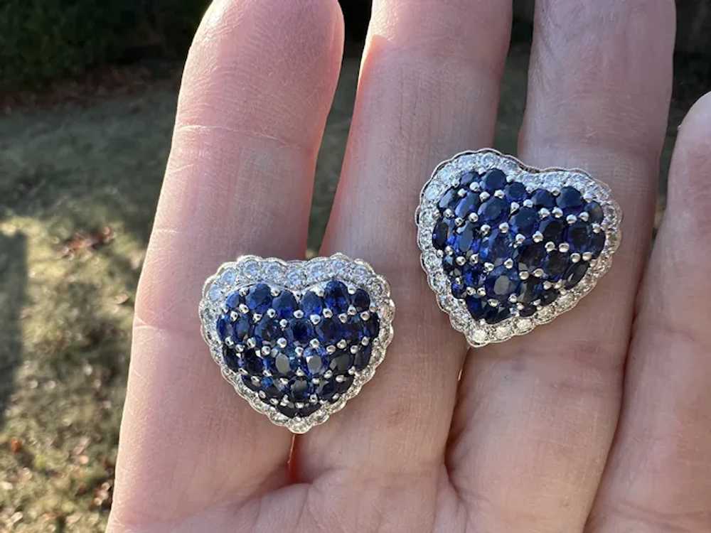 18K White Gold Sapphire and Diamond Heart Earrings - image 3