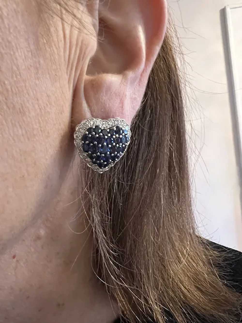 18K White Gold Sapphire and Diamond Heart Earrings - image 5