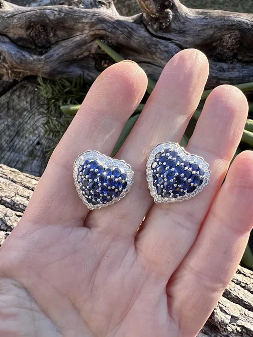 18K White Gold Sapphire and Diamond Heart Earrings - image 6