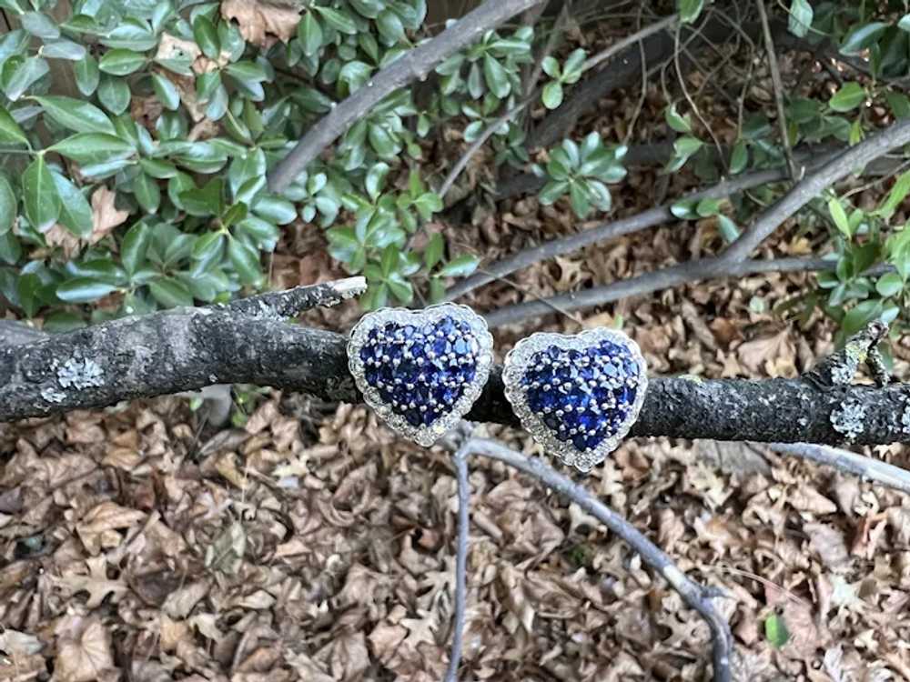 18K White Gold Sapphire and Diamond Heart Earrings - image 9
