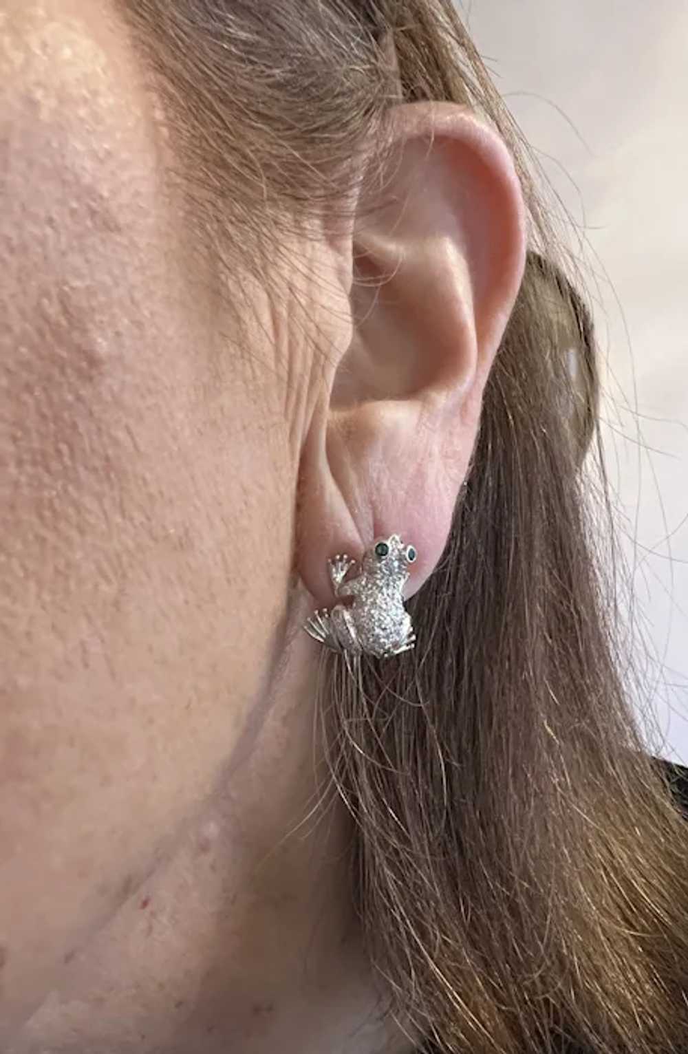 18K White Gold Diamond Frog Earrings - image 3