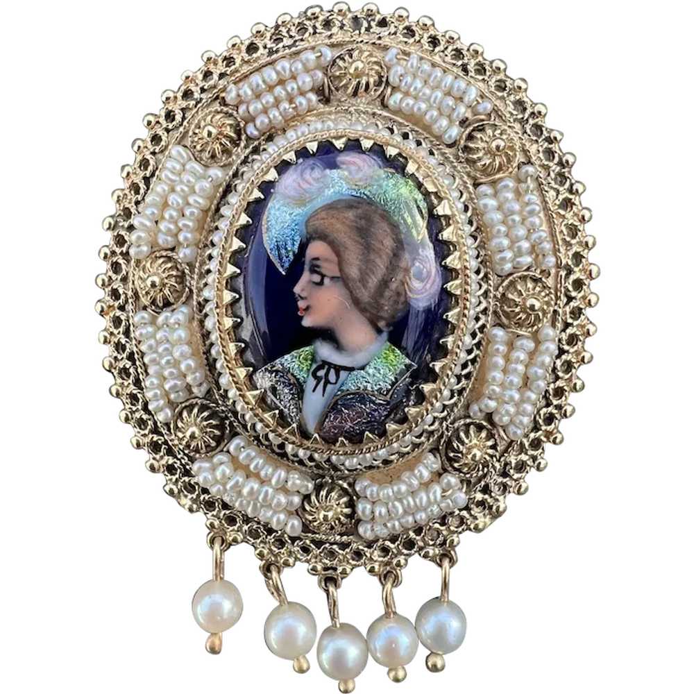 14K Yellow Gold French Enamel Portrait Pin - image 1