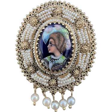 14K Yellow Gold French Enamel Portrait Pin - image 1