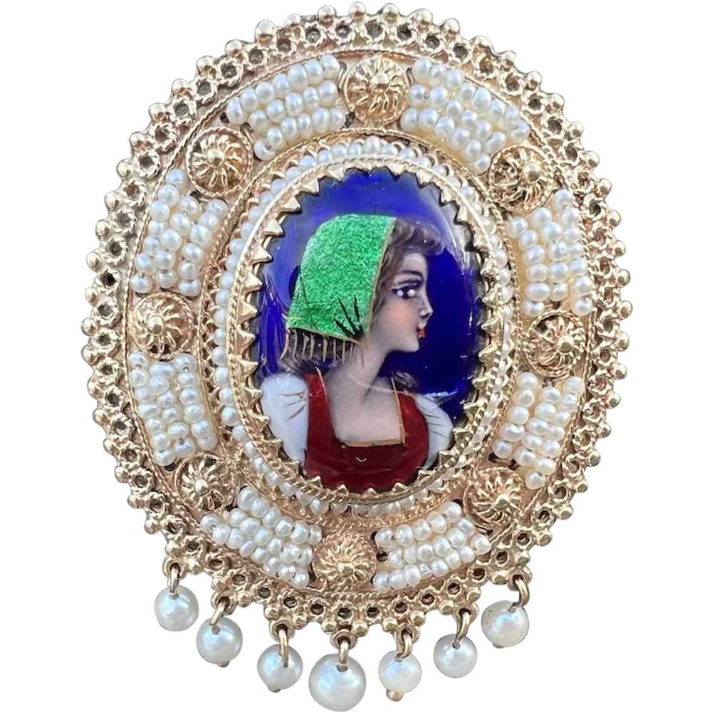 14K Yellow Gold French Enamel Portrait Pin - image 1