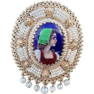 14K Yellow Gold French Enamel Portrait Pin - image 1