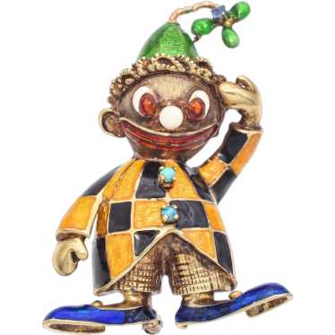 Vintage 14K Yellow Gold Enamel Harlequin Clown Br… - image 1