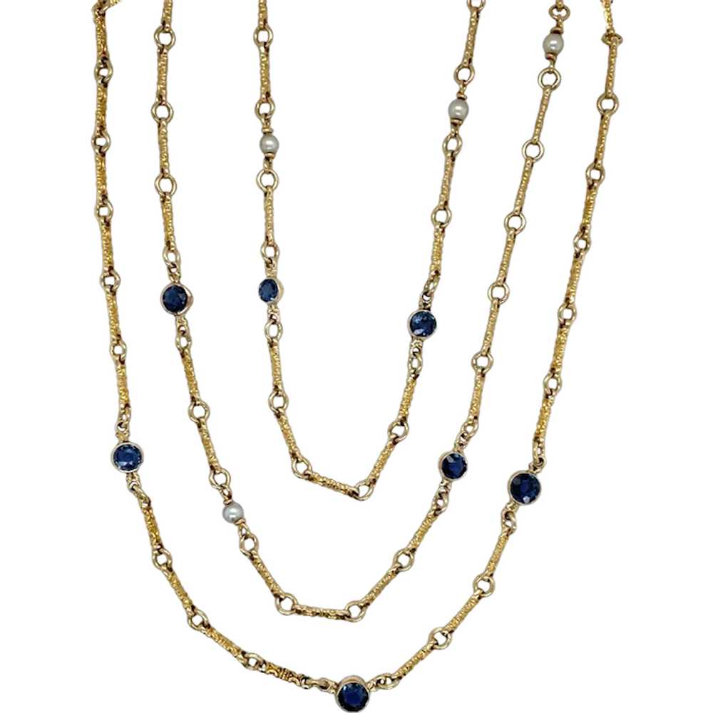 Victorian 14K Yellow Gold Sapphire and Pearl Neck… - image 1