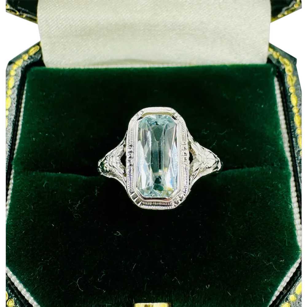 Art Deco 14k White Gold Aquamarine Ring - image 1