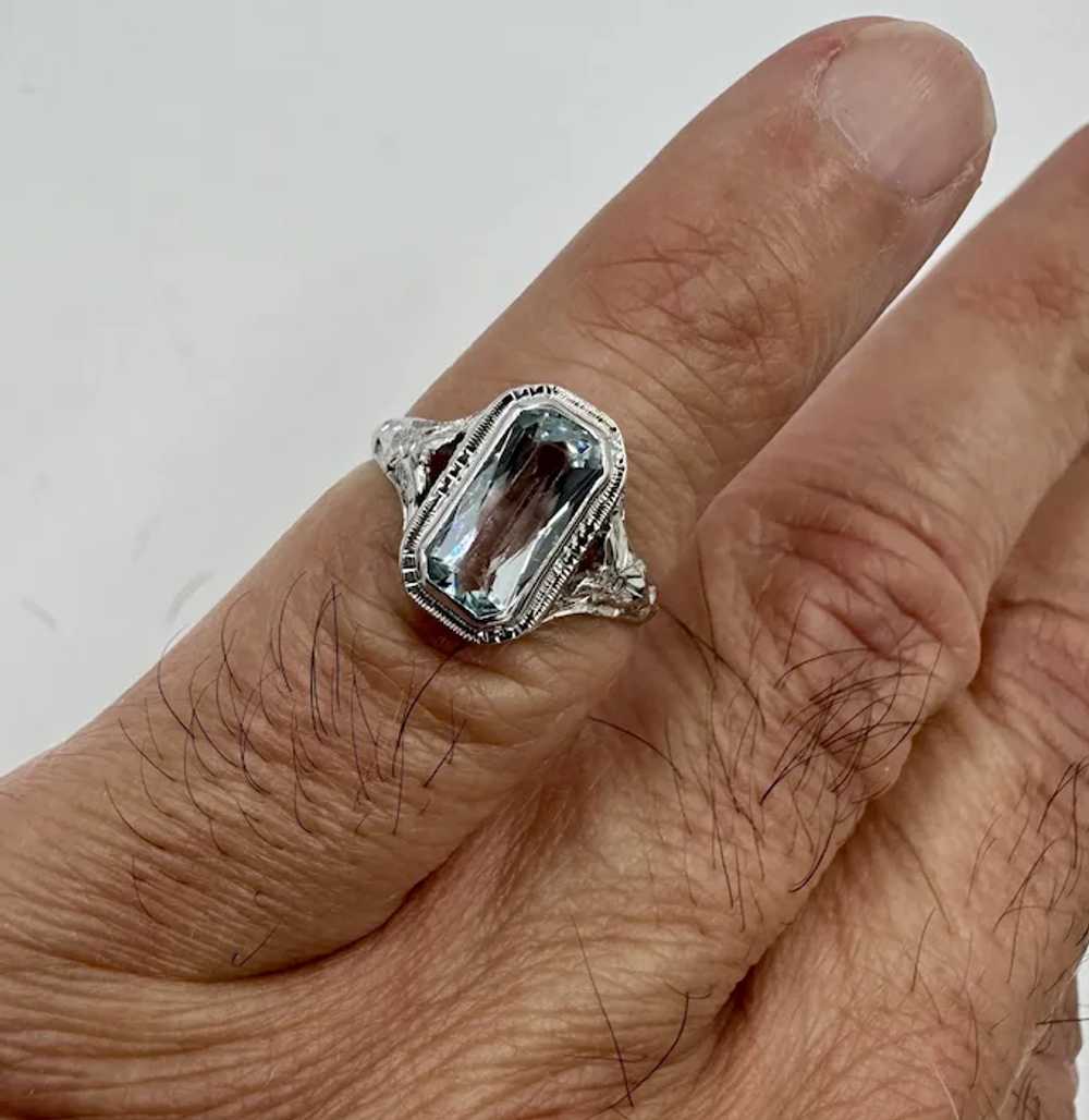 Art Deco 14k White Gold Aquamarine Ring - image 2
