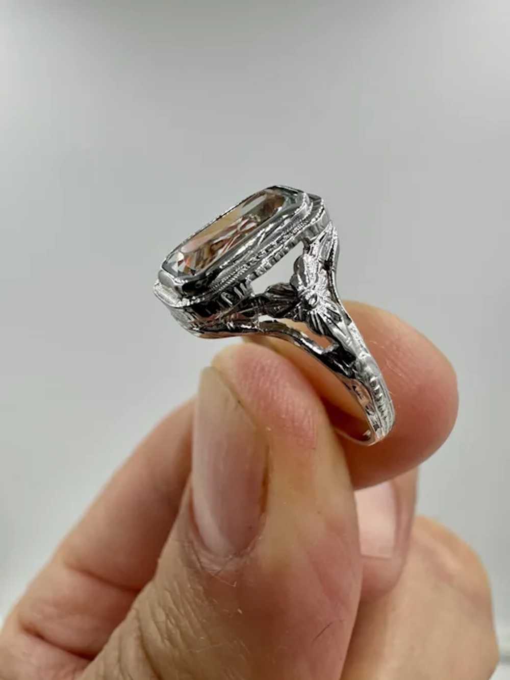 Art Deco 14k White Gold Aquamarine Ring - image 3