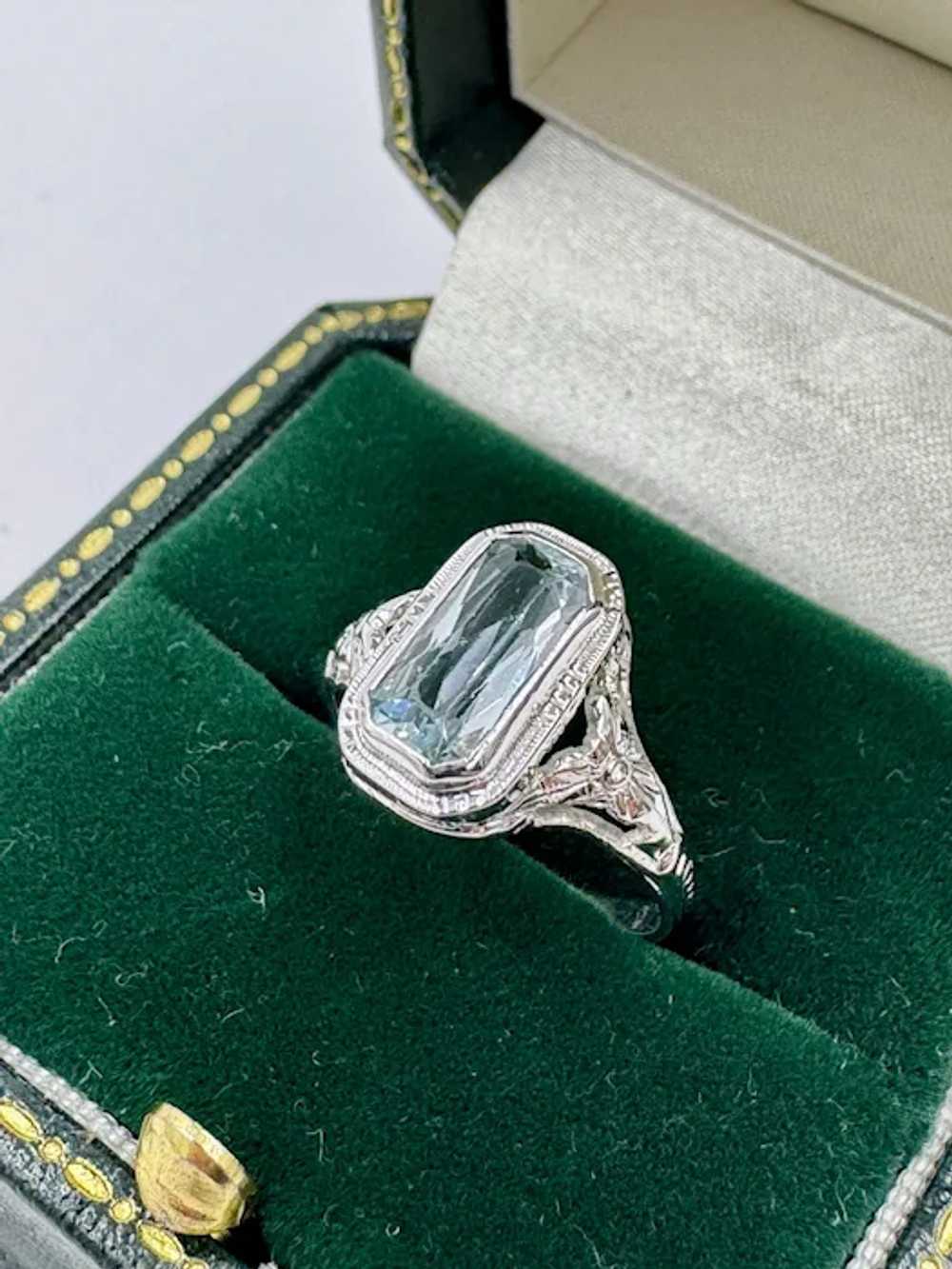 Art Deco 14k White Gold Aquamarine Ring - image 7