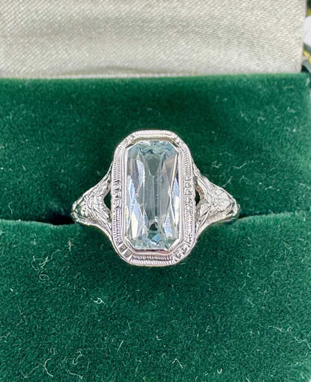 Art Deco 14k White Gold Aquamarine Ring - image 9