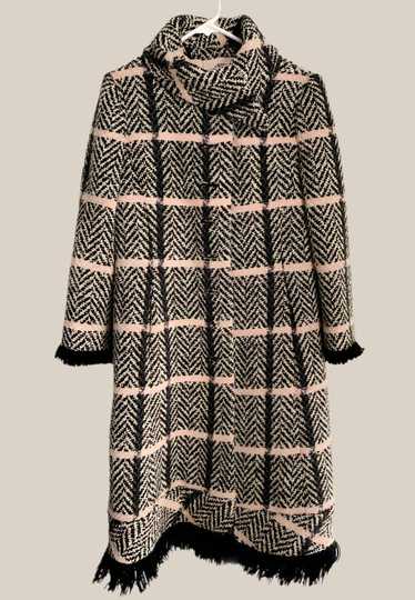 Black Pink Tweed Plaid Fringe Trapeze Coat