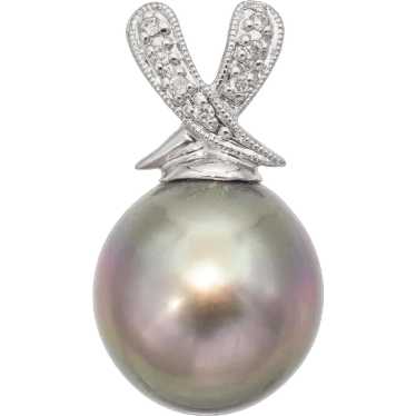 18K White Gold Tahitian Pearl and Diamond Pendant - image 1