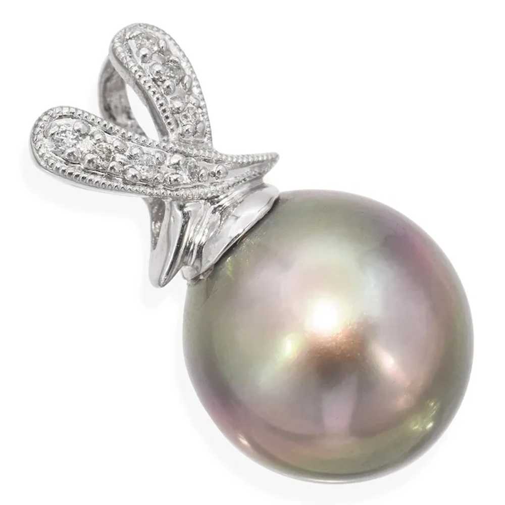 18K White Gold Tahitian Pearl and Diamond Pendant - image 3
