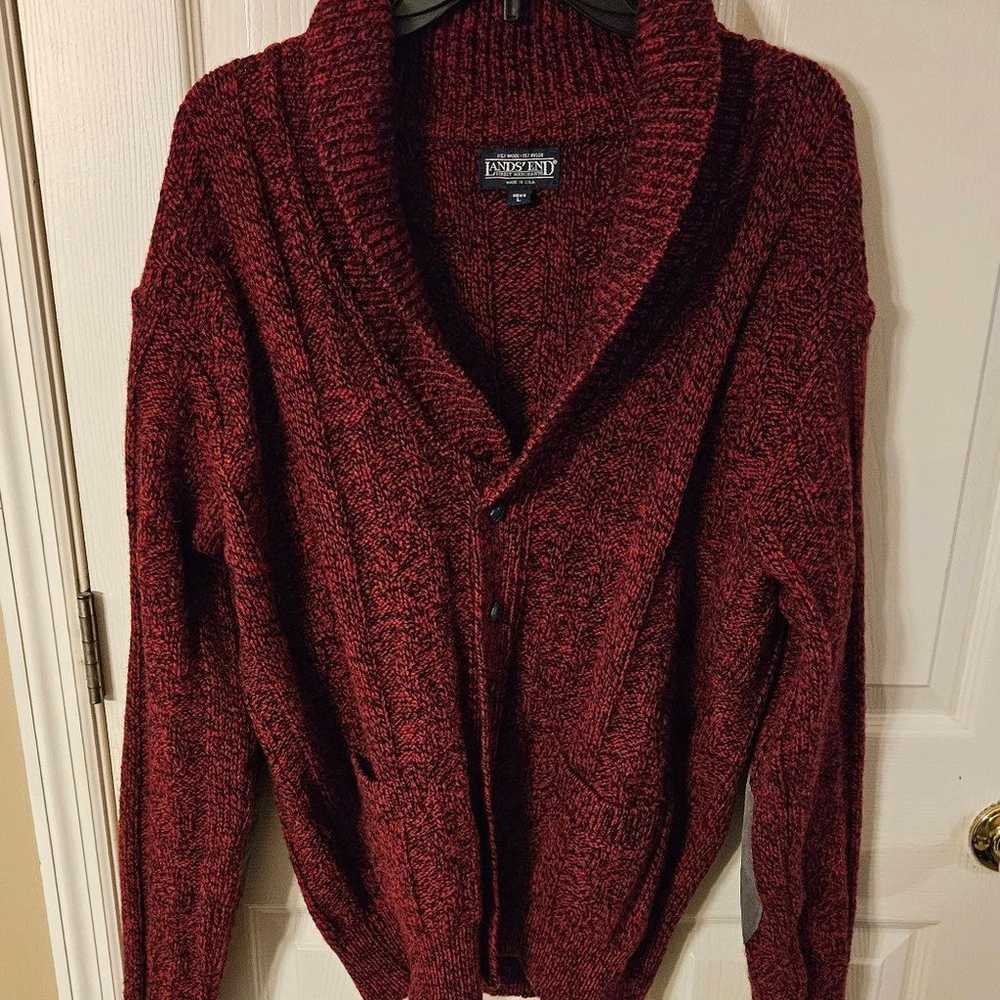 Vintage Lands’ End Wool Grandpa Cardigan, Suede E… - image 1