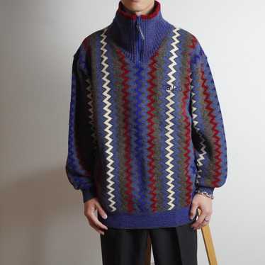 KENZO golf 幾何学ギザギザ柄ニットセーター ハーフジップ 青/QW79 KENZO golf 幾何学ギザギザ柄ニットセーター ハーフジップ 青/QW79