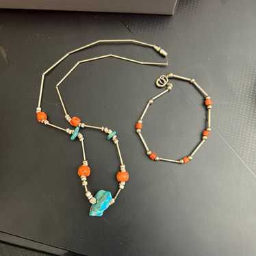 Vintage Turquoise, Shell & Coral Silver Necklace … - image 1