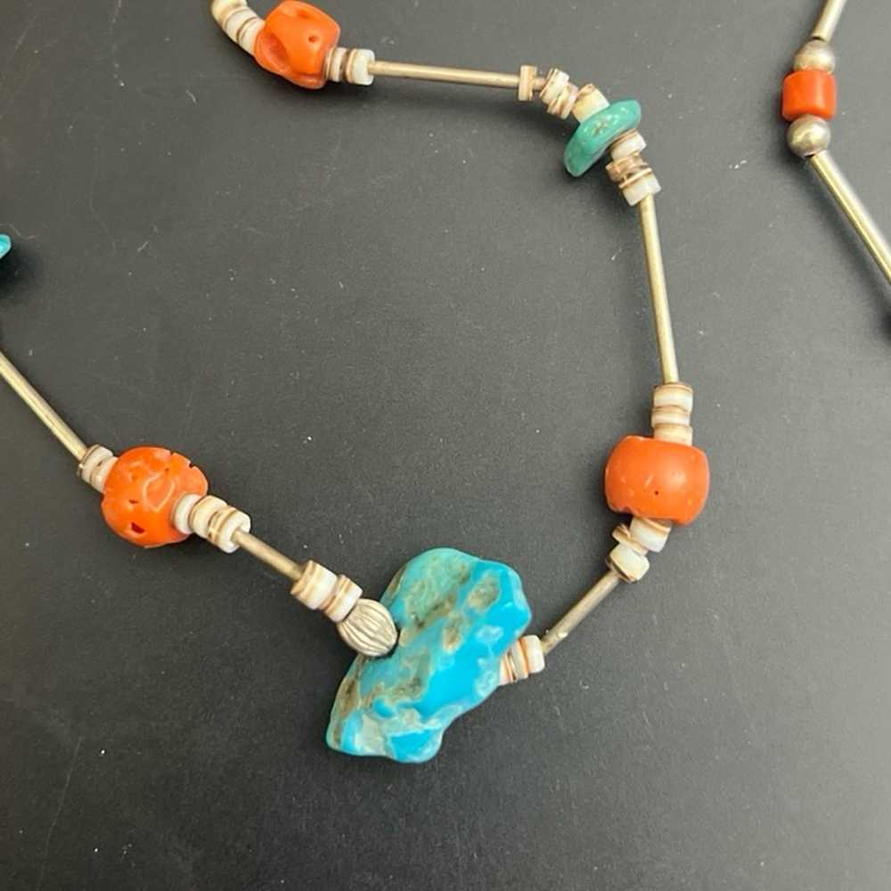 Vintage Turquoise, Shell & Coral Silver Necklace … - image 2