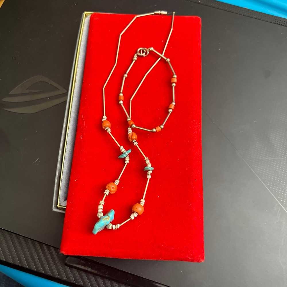 Vintage Turquoise, Shell & Coral Silver Necklace … - image 6