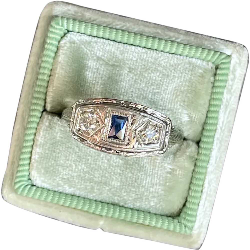 Art Deco 18K White Gold Sapphire & Diamond Ring - image 1