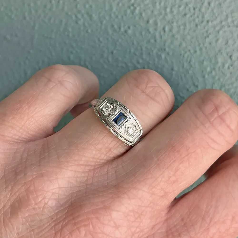 Art Deco 18K White Gold Sapphire & Diamond Ring - image 3