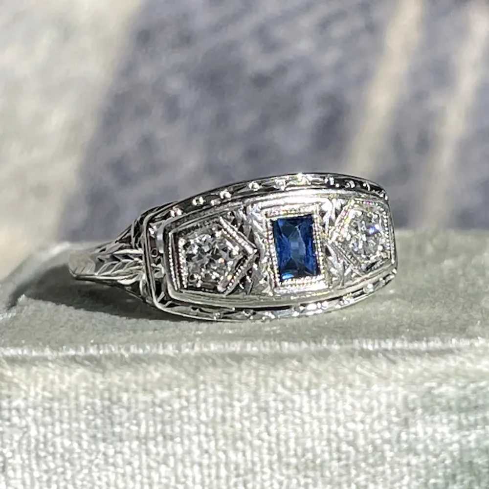 Art Deco 18K White Gold Sapphire & Diamond Ring - image 4