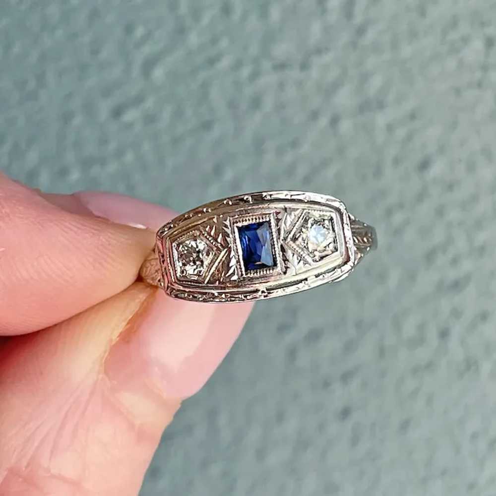 Art Deco 18K White Gold Sapphire & Diamond Ring - image 7