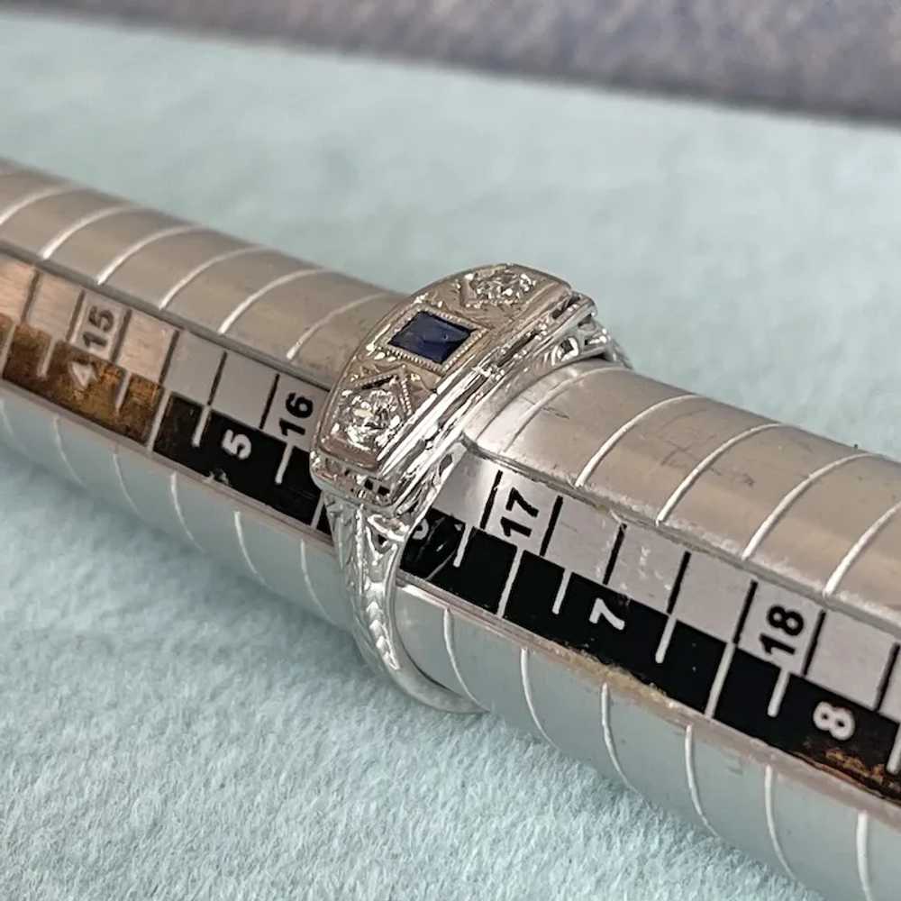 Art Deco 18K White Gold Sapphire & Diamond Ring - image 9