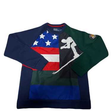 Polo blue with red cookie patch sweater size small made in