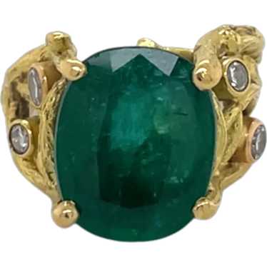 18K Yellow Gold Emerald and Diamond Ring - image 1