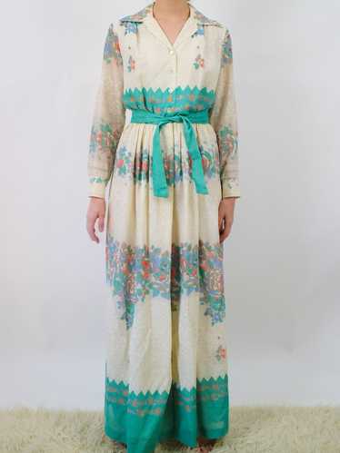 1970s Off-White and Teal Floral Shirtwaist Hostess