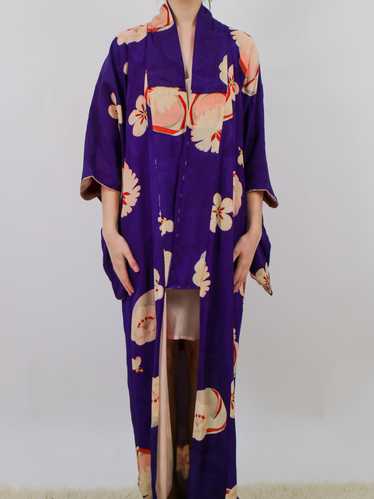 1960s Purple and Orange Floral Silk Kimono