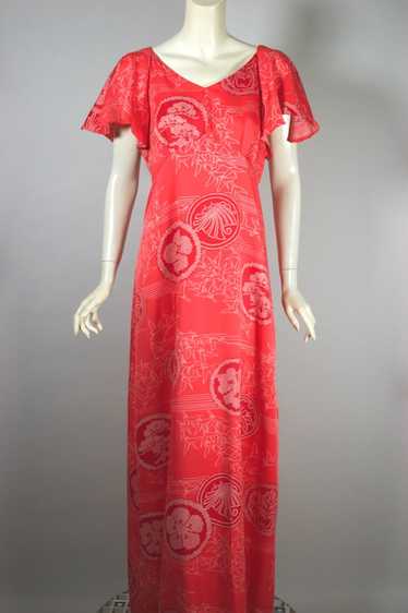 Hilo Hatties Hawaiian maxi 70s dress coral birds p