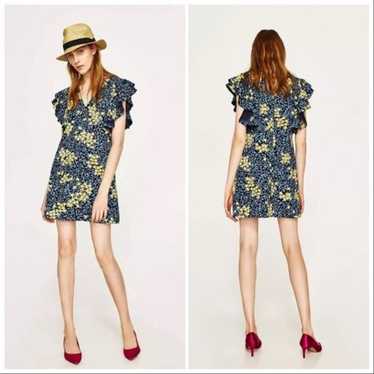 Zara Floral V-Neck Ruffle Sleeve Dress Small