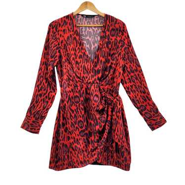 ZARA Womens Small Mini Wrap Dress Red Satin Leopar