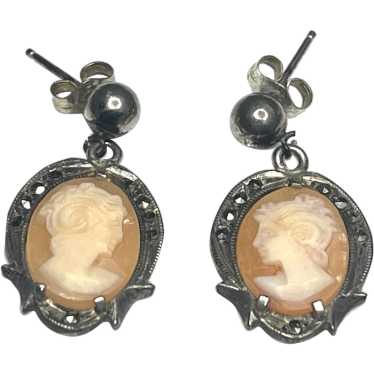 Vintage Marcasite Cameo Pierced Earrings