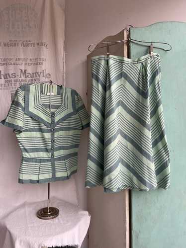 1940s Two Piece Cotton Striped and Chevron Set